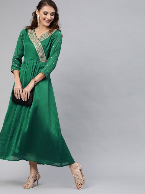 

Inddus Women Green Embroidered Maxi Dress