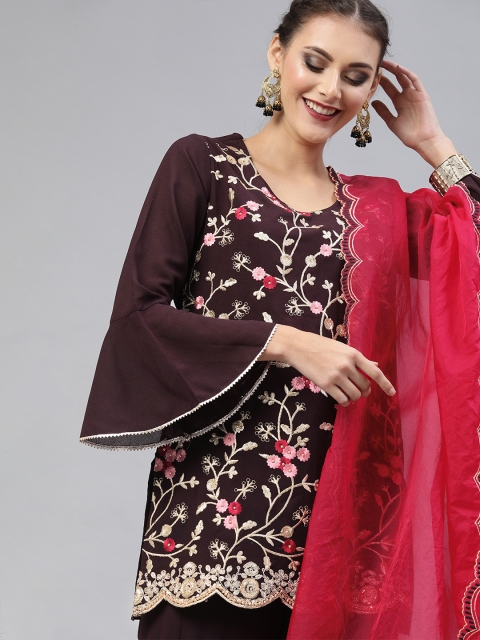 

Inddus Women Brown & Red Embroidered Kurti with Sharara & Dupatta