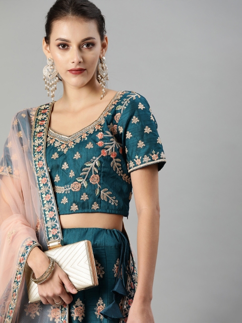 

Inddus Teal & Gold-Toned Embroidered Unstitched Lehenga & Blouse with Dupatta