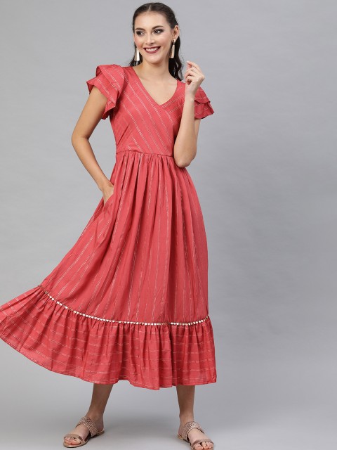 

Inddus Women Coral Red & Silver Striped Fit and Flare Dress With Ruffled Detailing