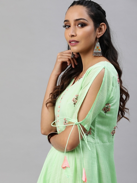 

Inddus Women Green Yoke Design Embroidered Anarkali Asymmetric Hem Kurta