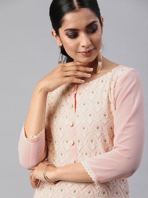 

Inddus Women Pink & Cream-Coloured Embroidered Straight Kurta