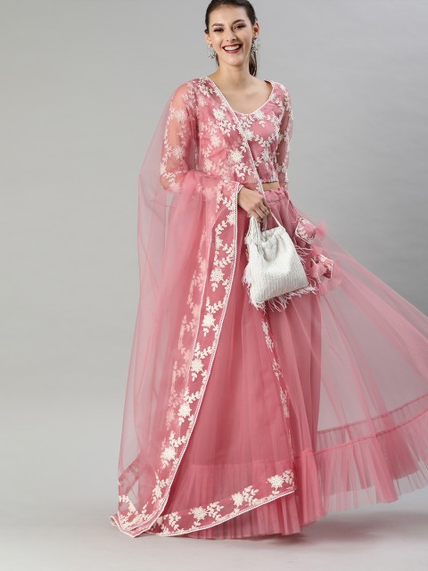 

Inddus Pink & White Embroidered Unstitched Lehenga & Blouse with Dupatta
