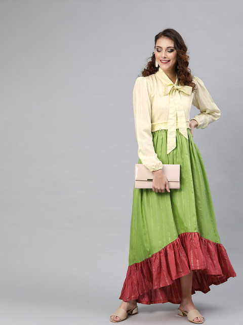 

Inddus Women Green & Yellow Striped Tie-Up Neck Maxi Dress with Gathers