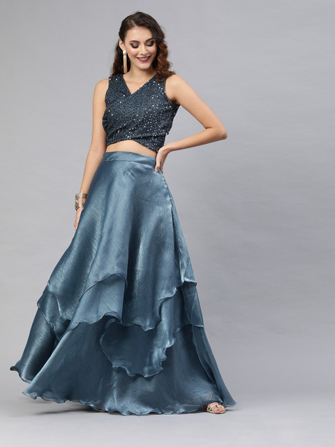 

Inddus Women Grey Embellished Top with Skirt