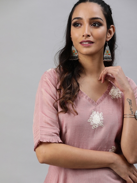 

Inddus Women Pink Yoke Design Embroidered A-Line Kurta with Pleated Detail