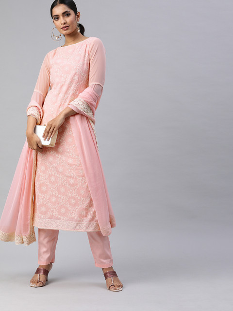 

Inddus Pink & Off-White Embroidered Poly Georgette Unstitched Dress Material
