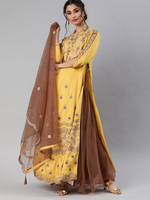 

Inddus Yellow & Brown Embroidered Ready to Wear Lehenga & Blouse with Dupatta