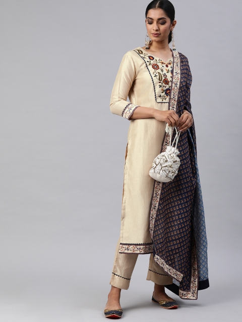 

Inddus Women Beige & Navy Blue Floral Embroidered Kurta with Trousers & Dupatta