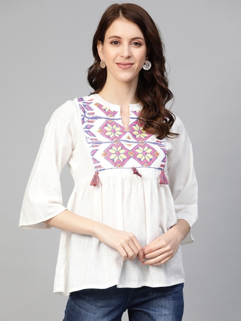 

plusS Women White Embroidered Empire Pure Cotton Top