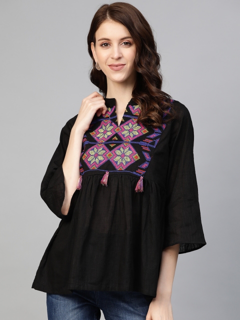 

plusS Women Black Floral Embroidered Empire Pure Cotton Top