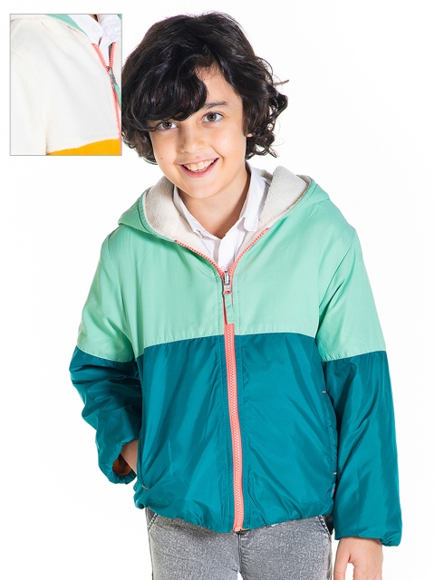 

Cherry Crumble Kids Green & White Colourblocked Hooded Reversible Padded Jacket