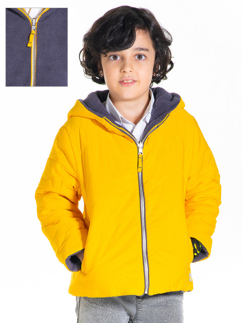 

Cherry Crumble Kids Yellow & Charcoal Grey Solid Hooded Reversible Padded Jacket