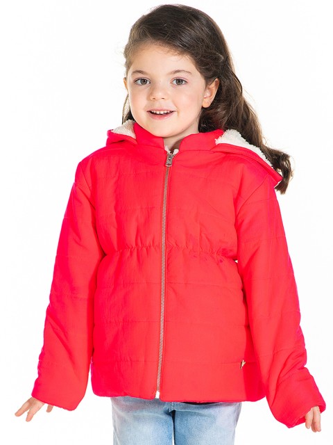 

Cherry Crumble Girls Coral Pink Solid Hooded Padded Jacket