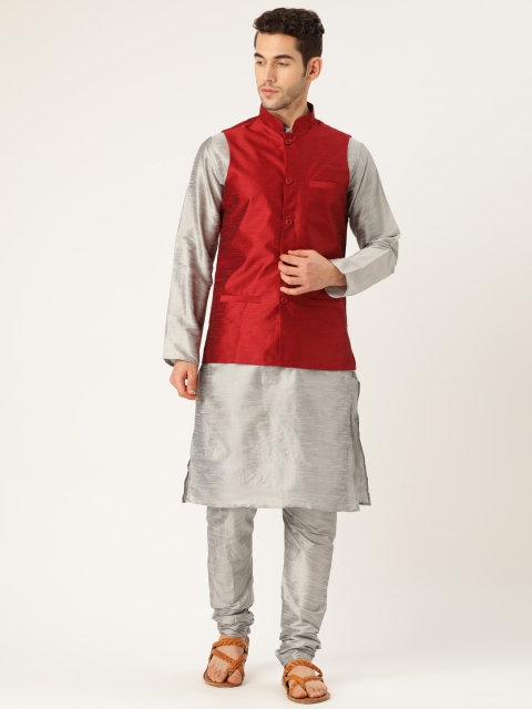 

SOJANYA Men Grey & Maroon Solid Kurta with Churidar & Nehru Jacket