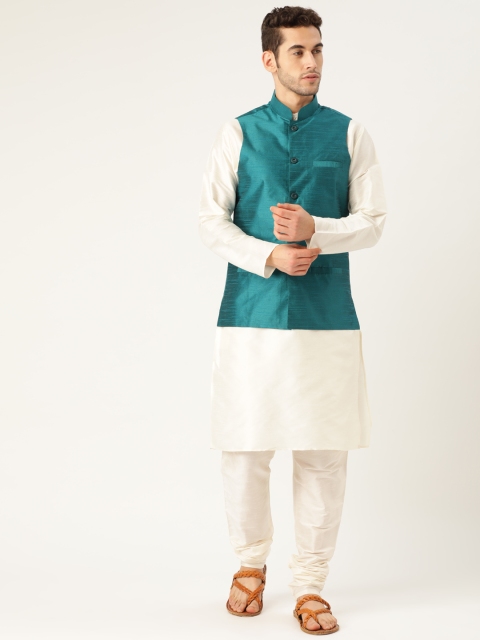 

SOJANYA Men Off-White & Teal Blue Solid Kurta Set with Nehru Jacket