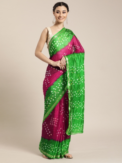 

Geroo Jaipur Hand Dyed Pink & Green Bandhani Silk Saree