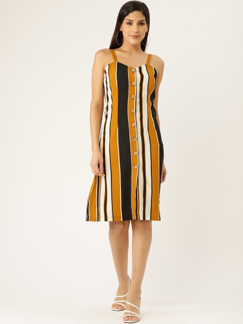 

Aayna Women Mustard Yellow & Black Striped A-Line Dress