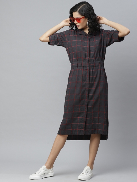 

sassystripes Women Charcoal Grey & Red Checked Shirt Dress