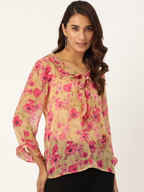 

sassystripes Women Cream-Coloured & Magenta Floral Print Ruffled Top