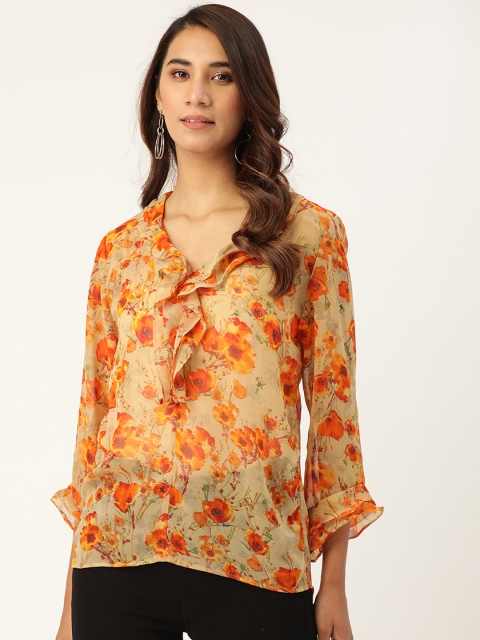 

sassystripes Women Cream-Coloured & Mustard Yellow Floral Print Ruffled Top