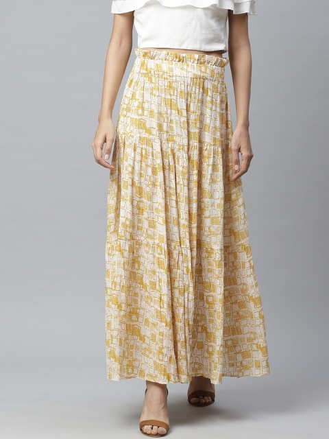 

Sassystripes Women Mustard Yellow & White Printed Wrinkle Tiered Maxi Skirt