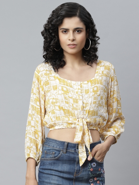 

sassystripes Women Yellow & White Printed Blouson Crop Top