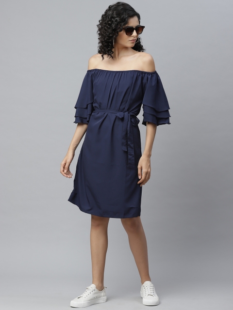 

sassystripes Women Navy Blue Solid Off-Shoulder A-Line Dress