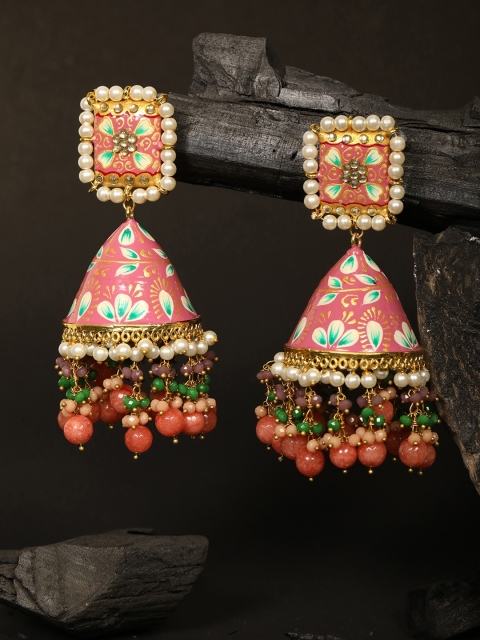 

Priyaasi Pink & Green Floral Print Gold Plated Beaded Handcrafted Dome Shaped Jhumkas