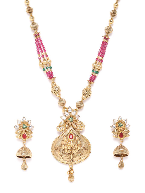 

Priyaasi Pink & Green Antique Gold-Plated Stone-Studded & Beaded Handcrafted Jewellery Set
