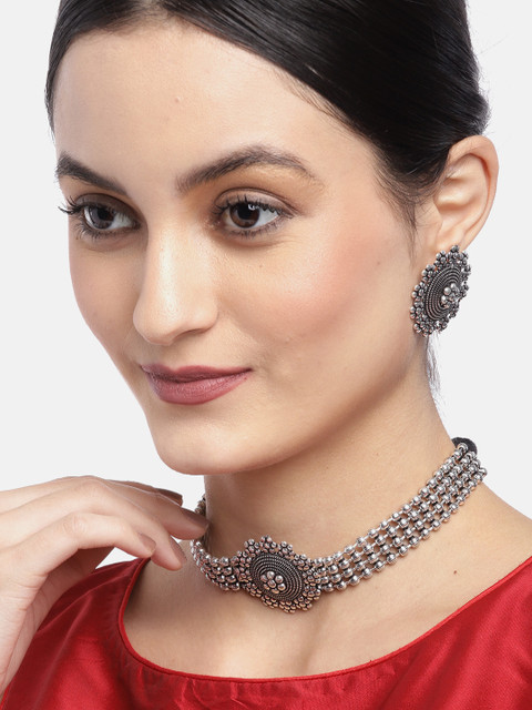 

Priyaasi Black Oxidised German Silver Handcrafted Jewellery Set with Silver-Plating