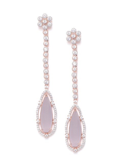 

Priyaasi Grey Rose Gold Plated Stone Studded Handcrafted Teardrop Shaped Drop Earrings