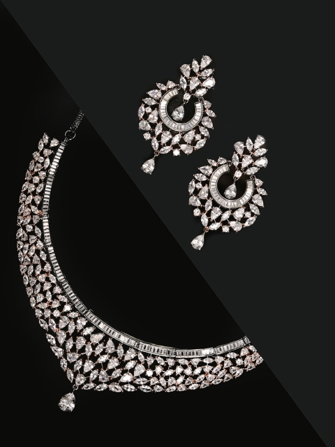 

Priyaasi Gunmetal-Toned Silver-Plated American Diamond Studded Handcrafted Jewellery Set