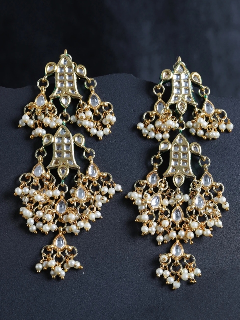 

Priyaasi Gold-Toned & Green Kundan Studded & Beaded Classic Drop Earrings with Ear Chain