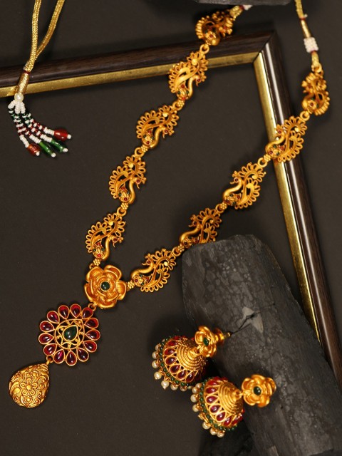 

Priyaasi Pink & Green Gold-Plated Stone-Studded Handcrafted Jewellery Set