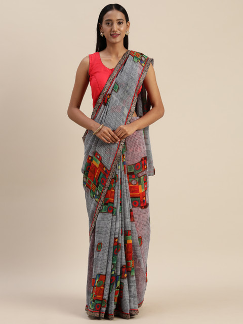 

Indian Women Grey & Red Poly Georgette Floral Printed Saree