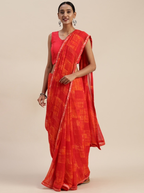 

Indian Women Red Printed Poly Georgette Saree