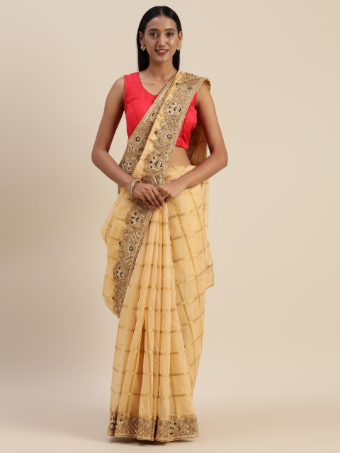 

Indian Women Cream-Coloured & Gold-Toned Jute Silk Checked Saree