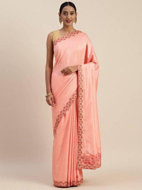 

Indian Women Peach-Coloured & Silver-Toned Striped Poly Silk Saree