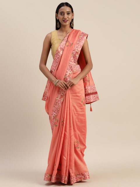 

Indian Women Peach-Coloured Embroidered Poly Silk Saree