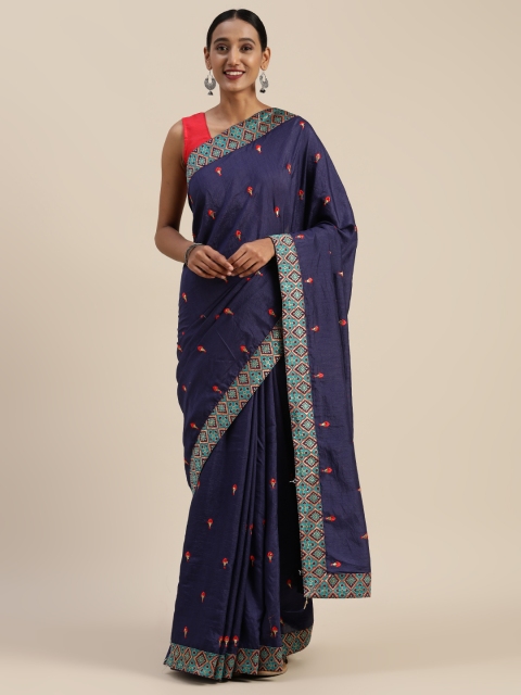 

Indian Women Navy Blue Embroidered Poly Silk Saree