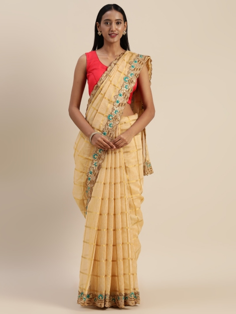 

Indian Women Cream-Coloured & Gold-Toned Jute Silk Checked Saree