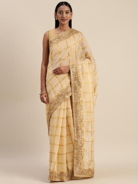 

Indian Women Cream-Coloured & Gold-Toned Jute Silk Checked Saree