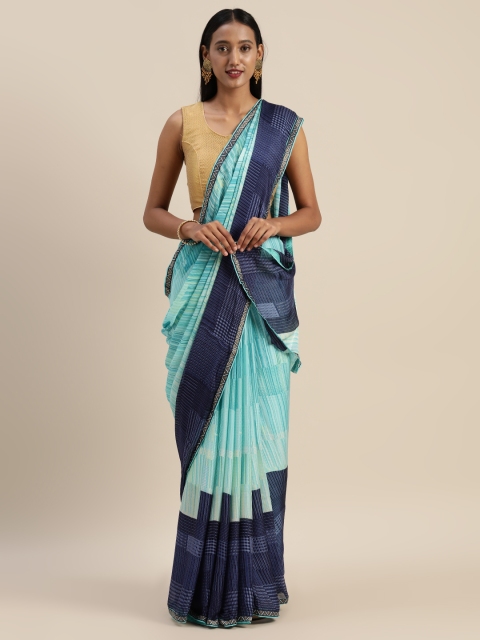 

Indian Women Turquoise Blue Printed Poly Georgette Saree
