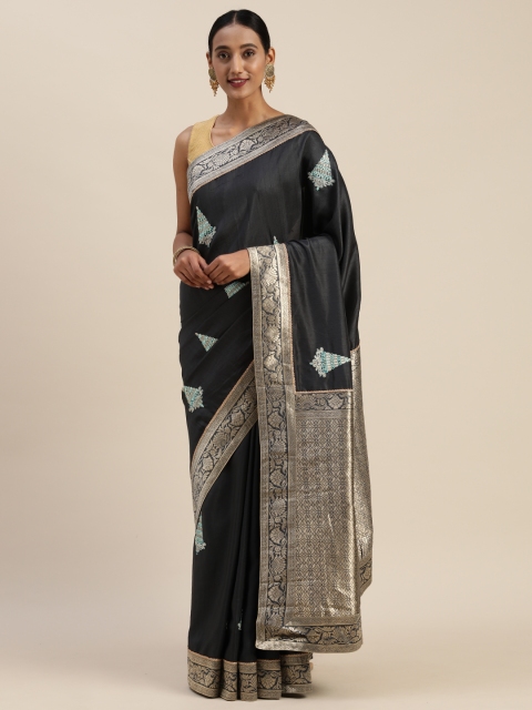 

Indian Women Black Embroidered Poly Silk Saree