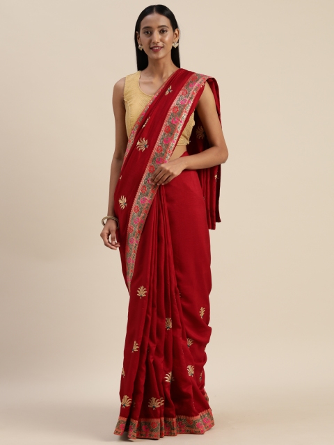 

Indian Women Maroon & Gold-Toned Poly Silk Embroidered Saree