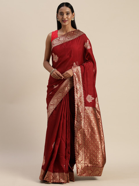 

Indian Women Maroon & Gold-Toned Poly Silk Woven Design Saree
