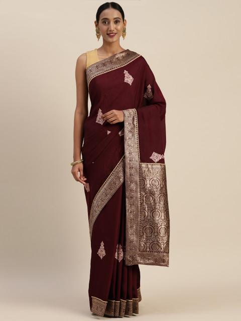 

Indian Women Burgundy Embroidered Poly Silk Saree