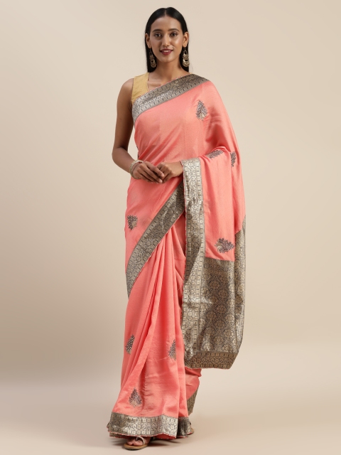 

Indian Women Pink & Beige Poly Silk Embroidered Saree