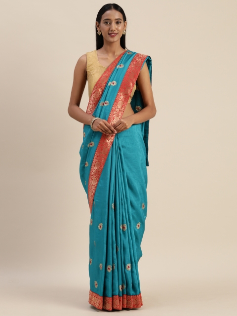 Indian Women Turquoise Blue & Gold-Toned Poly Silk Embroidered Saree